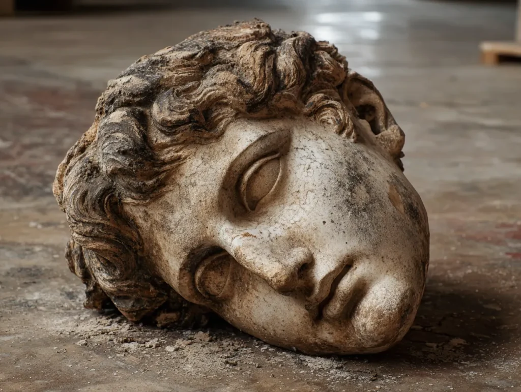 A large weathered ancient marble sculpture head lying on its side on a stone floor, severed from any body, its closed-eyed face turned toward warm light — symbolizing a head disconnected from the body, a bridge to the article's central idea that thinking cut off from the state of the body it depends on loses access to accurate perception and judgement.