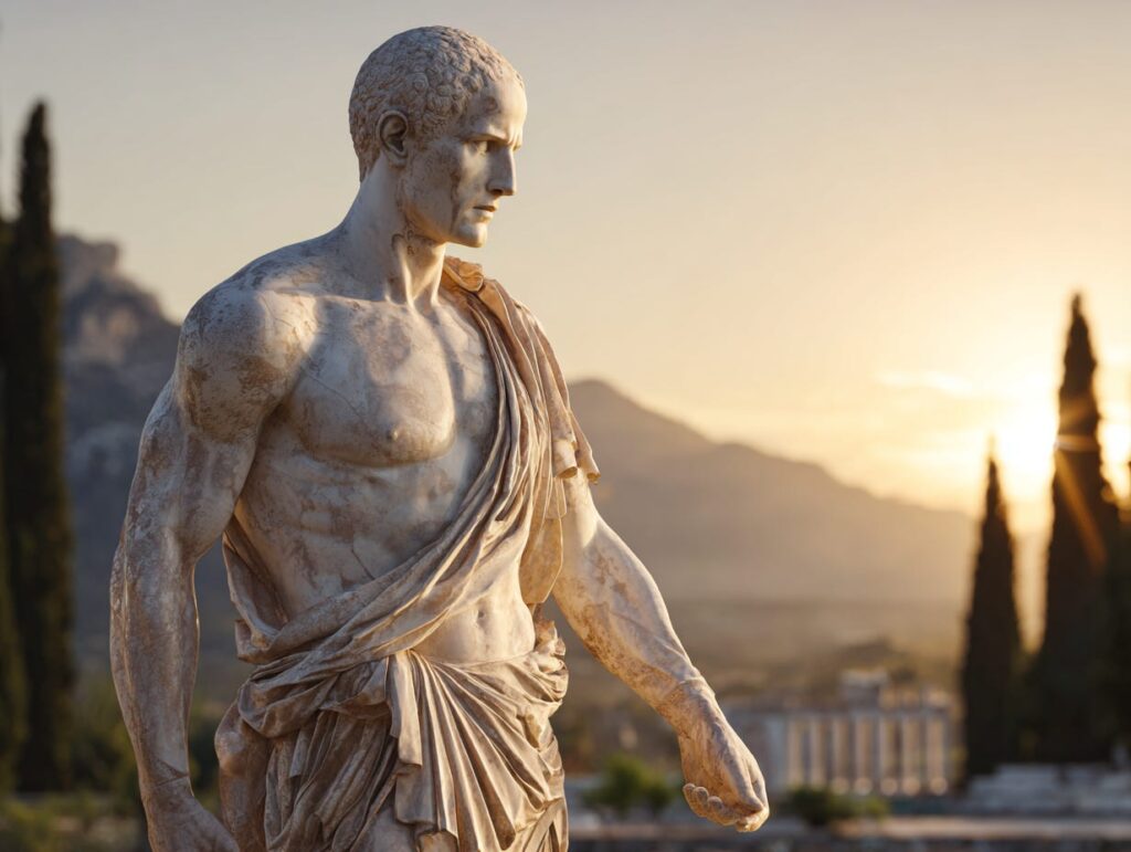 A classical marble statue of a draped male figure, torso and head rising against a warm golden-hour sky with cypress trees on a distant hillside — symbolizing the whole body, not the head alone, standing at the centre of judgement, a bridge to the article's argument that effective leadership depends on reconnecting the thinking mind with the intelligence of the body.