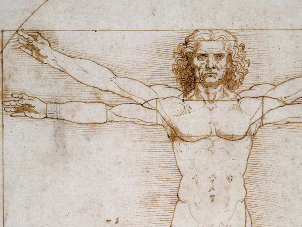 Leonardo da Vinci's Vitruvian Man — the drawing of a male figure inscribed in a circle and a square, arms and legs outstretched to show ideal human proportions — symbolizing the article's core point that a leader's judgement, steadiness and stamina rest on the health of the body beneath them.