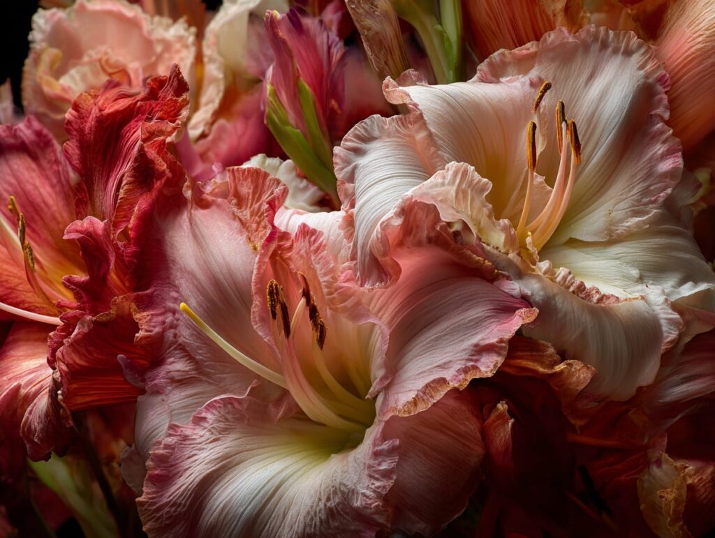 A close-up of layered, ruffled lily-like flowers in shades of cream, blush pink, and deep coral against a dark background — symbolizing the delicate human faculties worth protecting and tending as AI takes on more of our thinking.