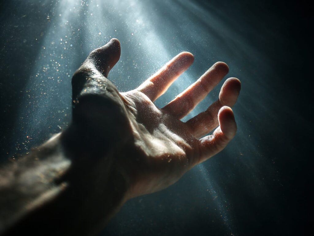 An open human hand reaching upward into shafts of light, with fine particles drifting in the beams against a dark background — symbolizing the uniquely human capacities that reach beyond what machines can grasp.